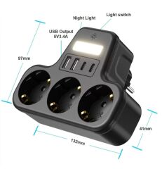 Çoklu Gece Lambalı Priz Yüksek Gerilim Korumalı 3'LÜ Priz